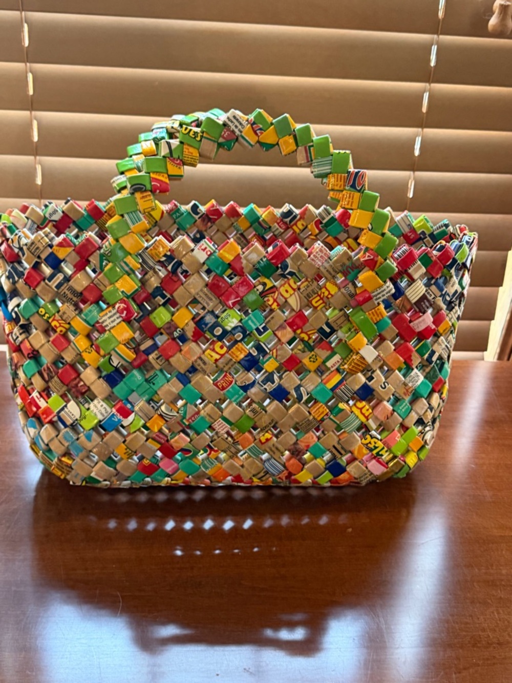 Handwoven Recycled Magazine Tote Eco Friendly Colorful Market Bag 15”